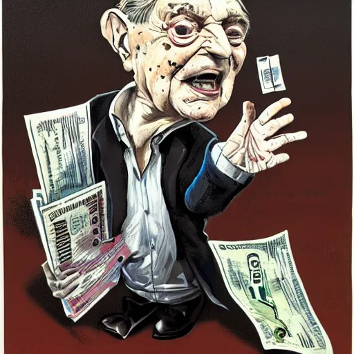 Image similar to George Soros full body shot, dollar bills Body horror, biopunk, by Ralph Steadman, Francis Bacon, Hunter S Thompson