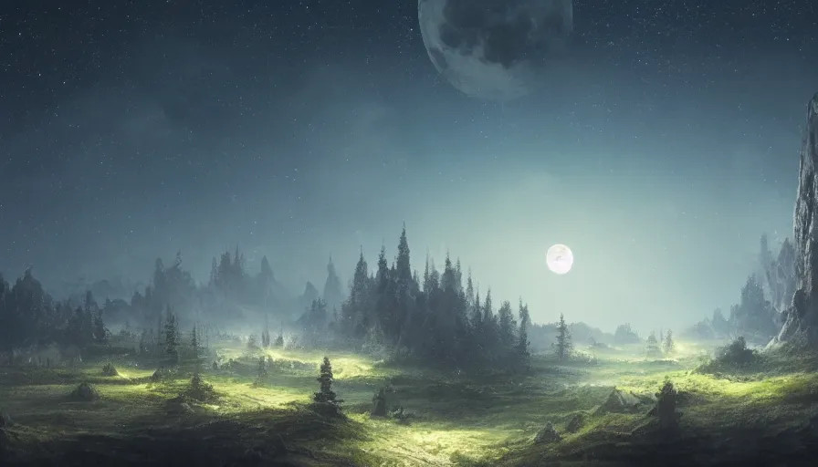 Prompt: a beautiful landscape at night, big moon and stars in the sky, matte painting, dark blue tones, concept art, 4k