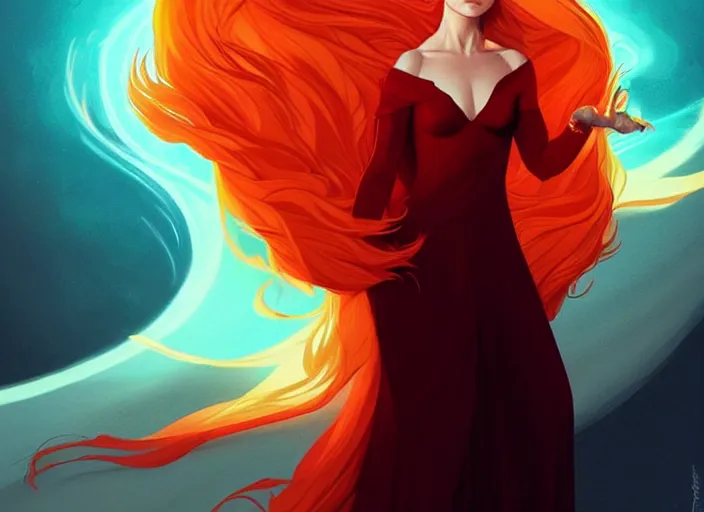 Image similar to style artgerm, joshua middleton, beautiful kristen bell with dark red dress, very long orange hair, symmetrical face, symmetrical eyes, fire powers fire swirling, detailed, volcano setting, cinematic lighting