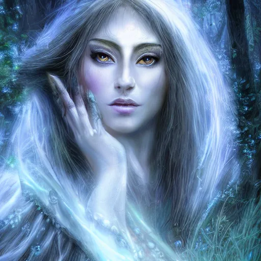 Prompt: masterpiece digital painting realistic portrait of beautiful tyrande whisperwind, 3 0 years woman, close face view, moonlight, elf forest background, at night, by luis royo, warcraft, artstation, deviantart, unreal engine, 8 k, cinematic lights
