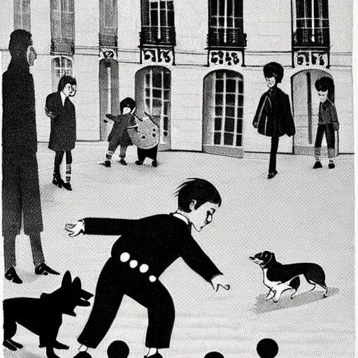 Image similar to book illustration of a french boy on the streets of paris playing football against a corgi, the dog is wearing a polka dot scarf, 1 9 6 6