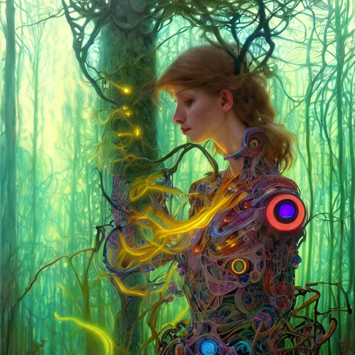 Image similar to bright psychedelic portrait of shy organic cyborg in an ancient forest, diffuse lighting, fantasy, intricate, elegant, highly detailed, lifelike, photorealistic, digital painting, artstation, illustration, concept art, smooth, sharp focus, art by John Collier and Albert Aublet and Krenz Cushart and Artem Demura and Alphonse Mucha