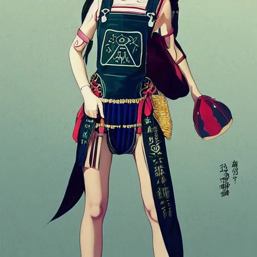 Image similar to a beautiful young japanese natalie portman alluring gravure model, wearing elaborate elegant designer overalls, elegant overalls with mesoamerican patterns, mesoamerican native street fashion, by akira toriyama and wlop and ilya kuvshinov and artgerm and, aesthetic, gorgeous, stunning, alluring, attractive, artstation, deviantart, pinterest, digital art