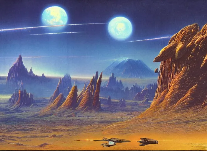 Prompt: a spaceship in a stunning landscape by bruce pennington