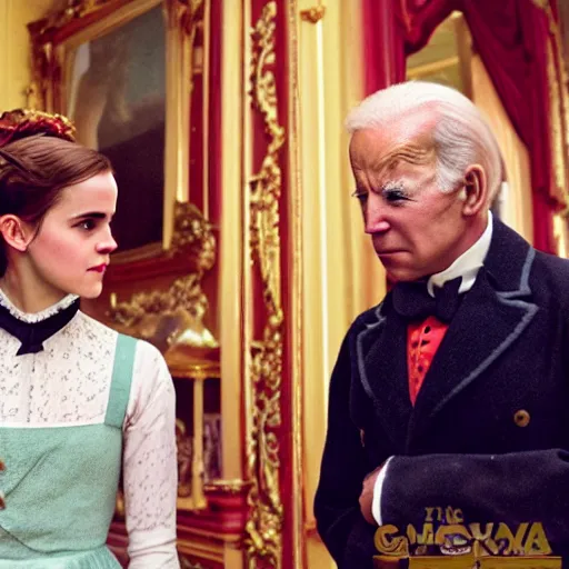 Prompt: A photo of emma watson and joe biden in a Victorian Mansion in the movie The Grand Budapest Hotel (2014), golden, vibrant, colorful, 8K, copper, brass, f/22, 35mm, 2700K, kodachrome