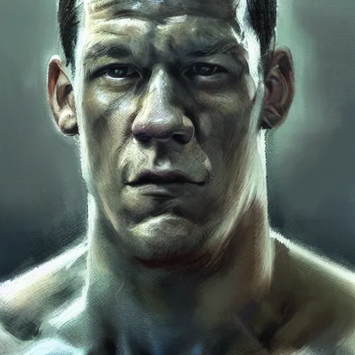 Prompt: A realistic hyperdetailed wide-shot digital oil portrait painting of an John cena in the style of Guy Denning, Ruan Jia, and Craig Mullins. Trending on ArtStation, DeviantArt, and Instagram. CGSociety Digital art. John cena.