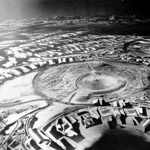 Image similar to old photograph from a strange alien city, hollow earth, black and white