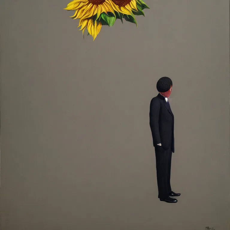 Prompt: portrait of a faceless sunflower - head man in a suit by rene magritte, detailed painting, distance, centered, hd, hq, high resolution, high detail, 4 k, 8 k