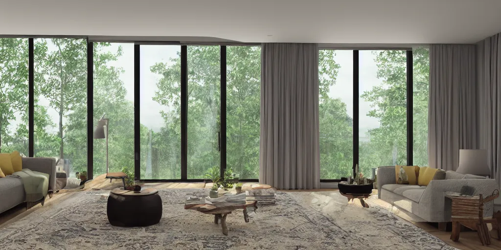 Image similar to a beautiful modern living room, large windows with a beautiful view of a forest, an area rug, realistic, hd, 8 k, digital rendering, unreal engine, blender, octane, maya