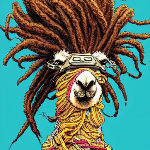 Image similar to llama with dreadlocks, heroic pose, by Katsuhiro Otomo, detailed, high resolution, with beautiful colors