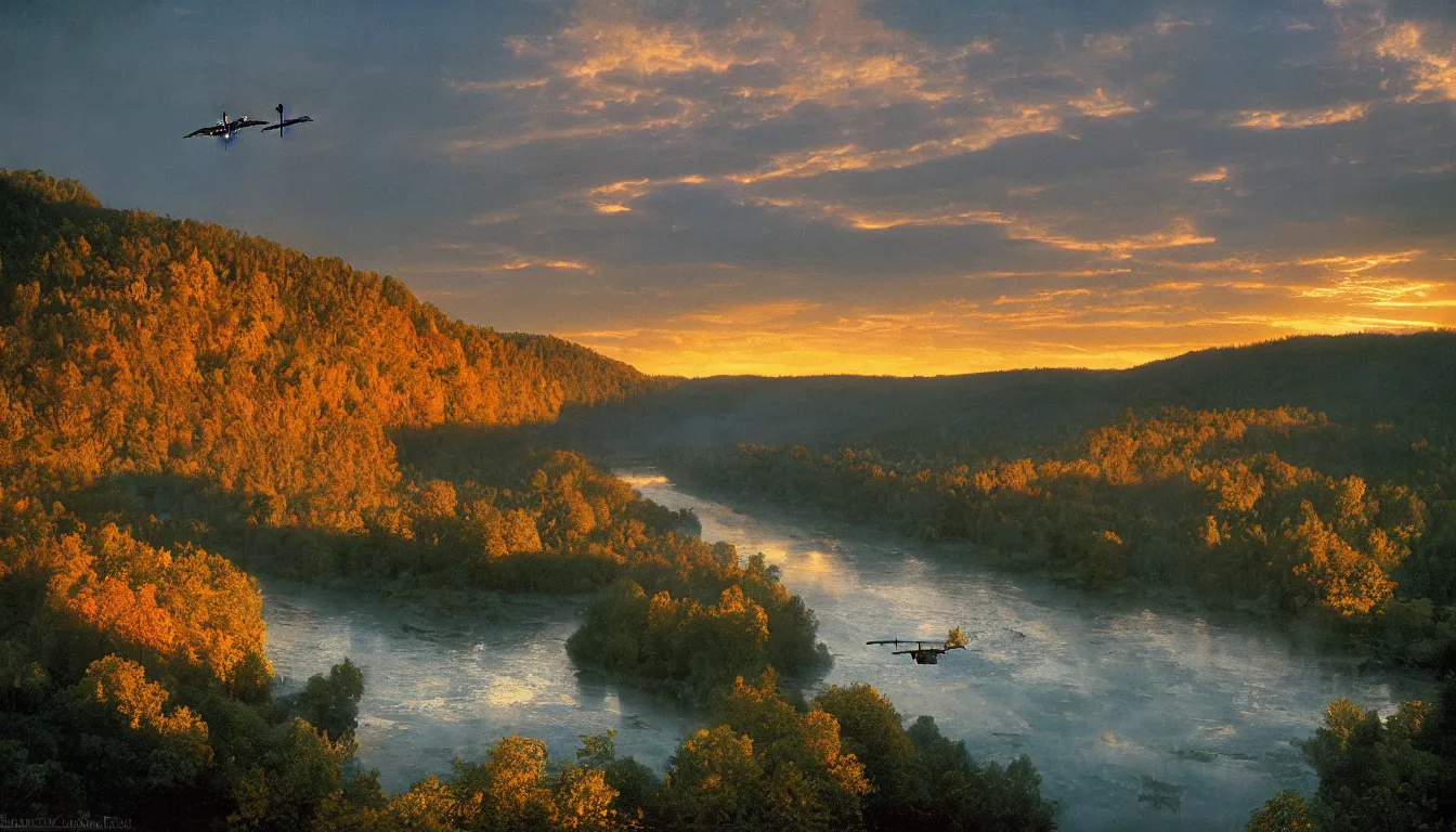 Image similar to a steam powered flying boat flies above a river valley at sunset, photograph with lighting by frederic edwin church, golden hour, nature, 2 4 mm lens, fujifilm, fuji velvia, flickr, 5 0 0 px, award winning photograph, highly detailed, beautiful capture, rule of thirds, crepuscular rays, steam punk