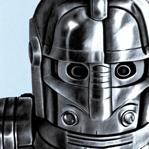 Image similar to close up realistic cyberman with half of his mask broken off showing david tennant pencil sketch cinematic lighting, render, fantasy