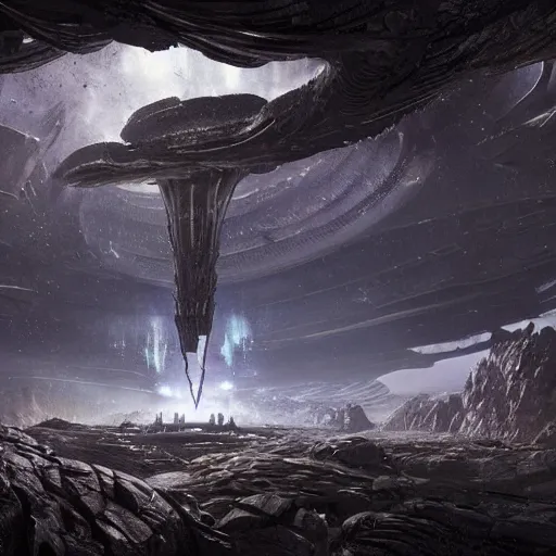Image similar to scene from prometheus movie, artlilery spaceship lands in an alien landscape, filigree ornaments, volumetric lights, greg rutkowski
