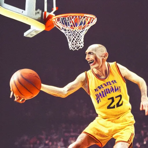 Prompt: portrait of nosferatu playing alone basketball at the nba, sport photography