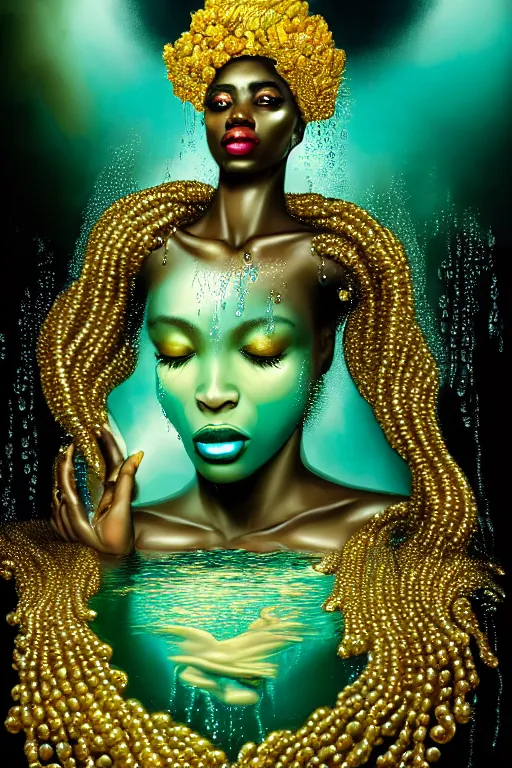 Prompt: hyperrealistic post rococo cinematic very expressive! black oshun goddess, in water up to her shoulders, mirror dripping droplets!, gold flowers, highly detailed face, digital art masterpiece, smooth eric zener cam de leon dramatic pearlescent volumetric teal light, high angle uhd 8 k, sharp focus