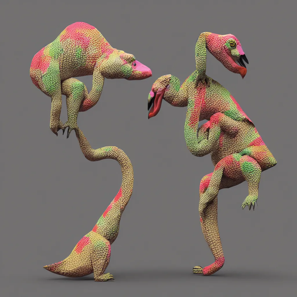 Prompt: low poly render, studio lighting, crocodile flamingo koala zebra, paper