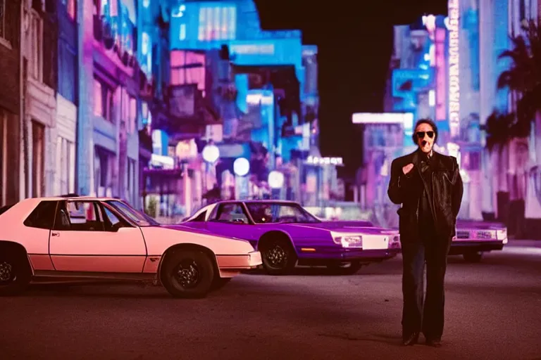 Prompt: 80s dressed Nicolas Cage posing and in the background there two 80s sports cars parked on a deserted city street at night time, purple lighted street, wide angle, cinematic, retro-wave vibes, grainy, soft motion blur