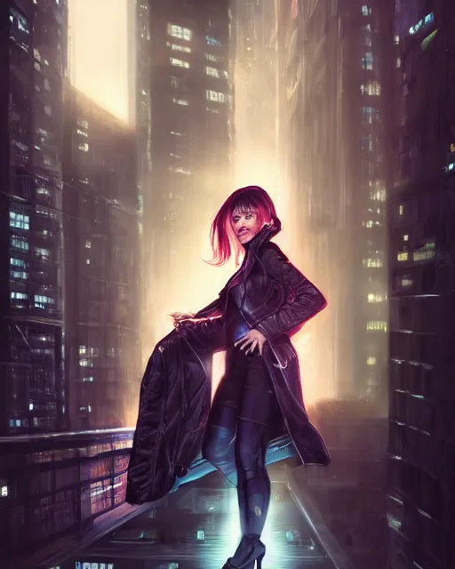 Image similar to photorealistic character portrait of a beautiful half cyborg woman with a mischievous look, the half cyborg woman is wearing a long trench coat, in a night rooftop scene by Liam Wong, character portrait in the style of Artgerm and NeoArtCorE