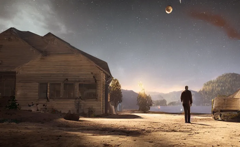 Prompt: a man staring at an incoming asteroid, a photorealistic painting by Gregory Crewdson, cgsociety, playstation 5 screenshot, matte painting, cryengine