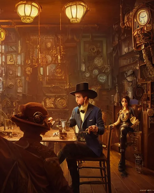 Image similar to highly detailed surreal vfx portrait of a steampunk cowboy in a steampunk saloon, stephen bliss, unreal engine, greg rutkowski, loish, rhads, beeple, makoto shinkai and lois van baarle, ilya kuvshinov, rossdraws, tom bagshaw, alphonse mucha, global illumination, detailed and intricate environment