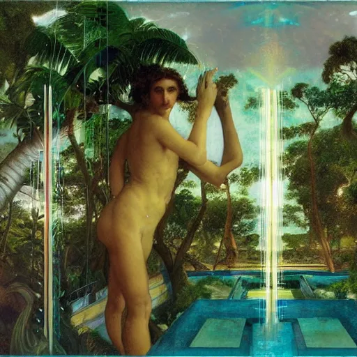 Image similar to The maze, refracted sparkles, thunderstorm, greek pool, beach and Tropical vegetation on the background major arcana sky, by paul delaroche, alphonse mucha and arnold böcklin, hyperrealistic symmetrical 8k, award-winning, very very very detailed