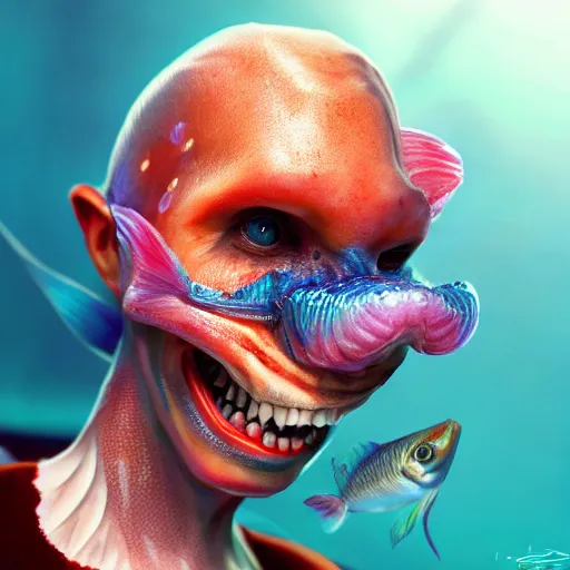 Prompt: a fish wearing human dentures, amazing, beautiful, perfect eyes, full body shot, portrait, vivid colors, elegant, concept art, sharp focus, digital art, Hyper-realistic, 4K, Unreal Engine, Highly Detailed, HD, Dramatic Lighting by Brom, trending on Artstation