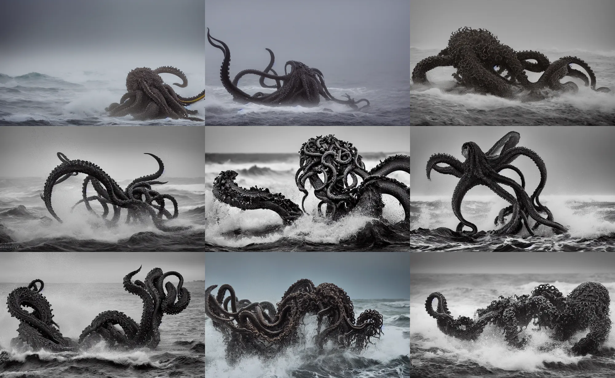 Prompt: nature photography of a kraken feeding, south african coast, rainfall, rough waves, fog, digital photograph, award winning, 5 0 mm, telephoto lens, national geographic
