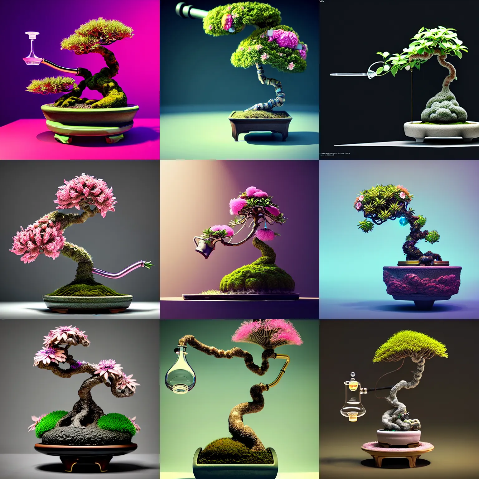 Prompt: decadent biotech floral bonsai bong | elaborate, fun, elbowjoint, cyberpunk, galactic, weta disney movie still photo, hi - fructose, sci fi fantasy, divine proportion, octane render, sharp focus, artstation, concept art | feng zhu, rutkowski, beeple