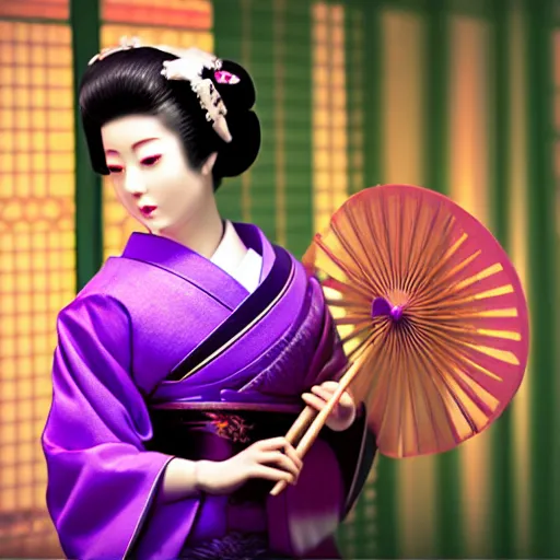 Image similar to Japanese geisha with beautiful violet paper fan, 4k photography, 30 mm lens, cinematic light, warm atmosphere, in style of Kar Wai Wong, cigarette smoke trail