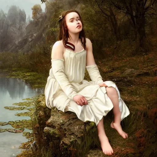 Prompt: Cute young Harpy girl, wearing medieval clothes, sad expression, sitting at a pond, mountainous area, trees in the background, oil painting, by Greg Rutkowski