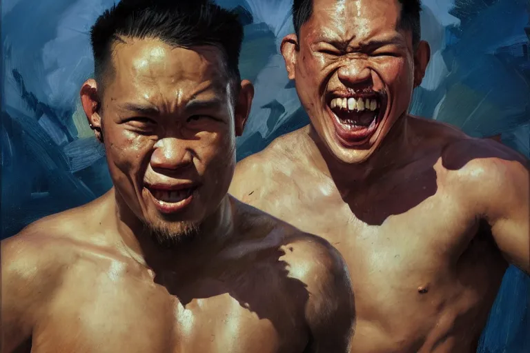 Prompt: greg manchess portrait of a filipino mma fighter uncontrolable laughter, profile picture, organic painting, sunny day, matte painting, bold shapes, hard edges, street art, trending on artstation, by huang guangjian, gil elvgren, ruan jia, randy vargas, greg rutkowski