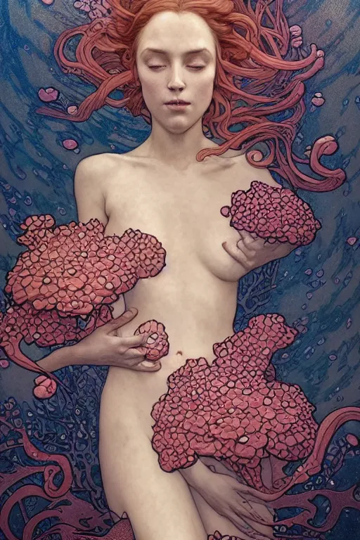 Image similar to portrait of a beautiful mysterious woman underwater, hidden hands holding a bouquet of flowers, corals and fish, by eve ventrue, michael carson, andreas rochas, john watkiss, casey weldon, artgerm. art nouveau. tarot card by mucha. gloomhaven. swirly intricate linework background. gaudy colors, sharp edges. octane render