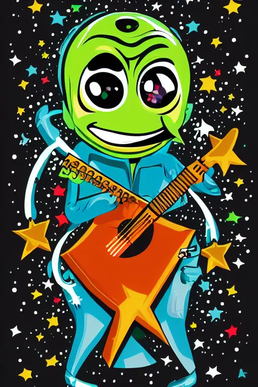 Image similar to rockstar alien, art by brian miller, sticker, colorful, illustration, highly detailed, simple, smooth and clean vector curves, no jagged lines, vector art, smooth