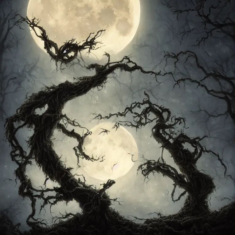 Prompt: render of a large haunting moon behind a dark fantasy tree with bent and barren branches draped in Spanish moss by Justin Gerard and Alex Horley-Orlandelli, fantasy art, moonlight, moody lighting, 4k