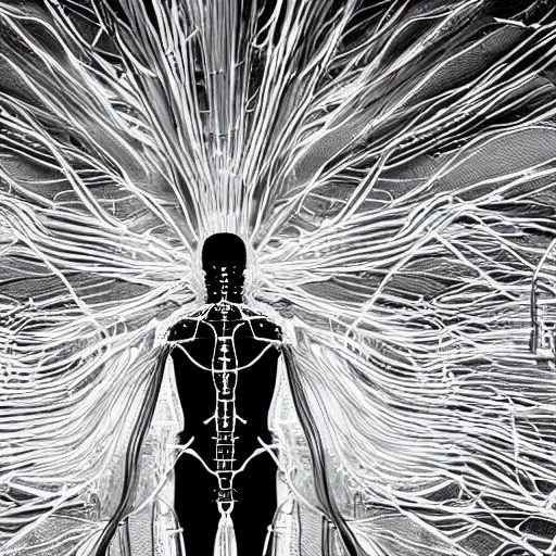 Image similar to nervous system made of wires and alien technology in a white room with glowing leds, hyper detailed, surreal concept art, apocalyptic, realistic, alive, industrial, tech, black and white photo on film, grain, cyborg, futuristic, humanoid, dream,