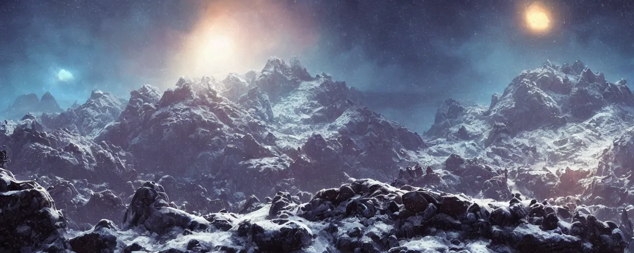 Image similar to ” outer planet with a rugged extremely high snow topped mountain range, [ art by paul lehr, cinematic, detailed, epic, widescreen, opening, establishing, mattepainting, photorealistic, realistic textures, octane render ] ”