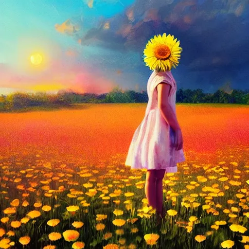 Prompt: head made of giant daisies, girl standing barefoot in a flower field, arms out stretched, surreal photography, sunrise dramatic light, impressionist painting, colorful clouds, large sky, digital painting, artstation, simon stalenhag, flower face