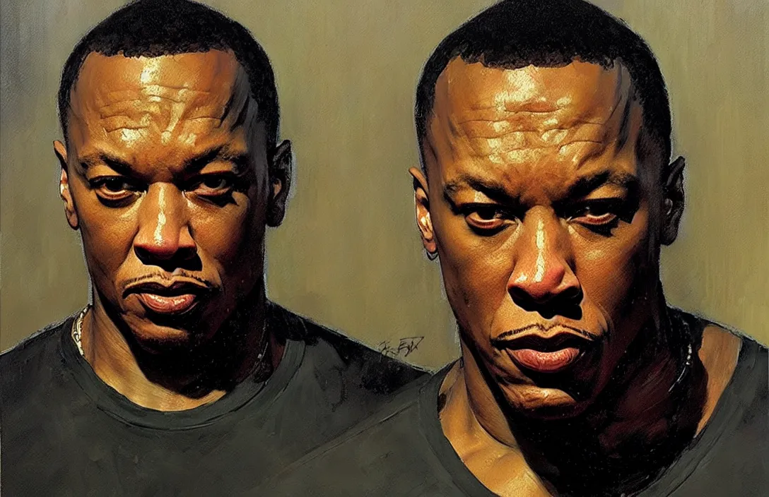 Image similar to portrait of dr dre!!!!!!!!!!!!!!!!!!!!!!!!!!!, detailed face, detailed painting,, epic lighting, by ilya repin, phil hale and kent williams