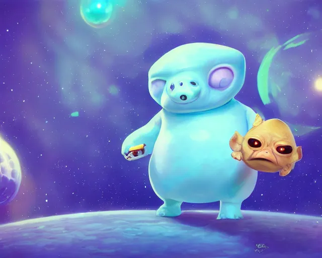 Prompt: 3D Fantasy Cute and adorable chubby alien piggy in space, huge adorable eyes, bright stars, Smooth 3D Illustration, soft render, Servando Lupini, Daniil Kudriavtsev, handpaint texture, Blender, 3DCoat