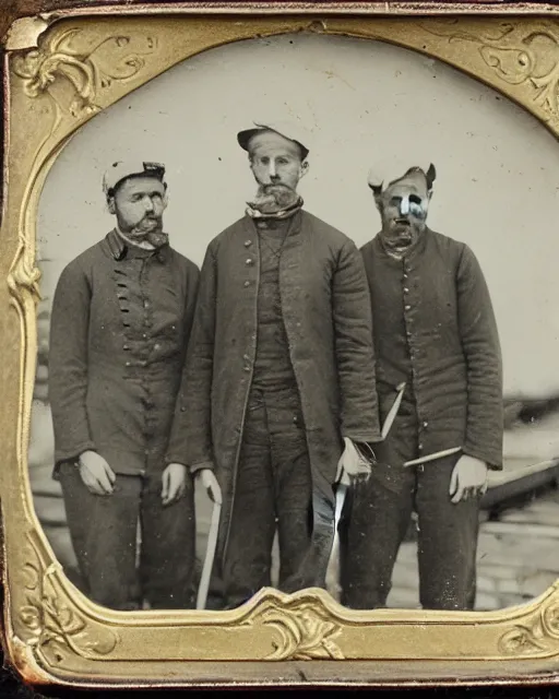 Prompt: tintype of four 19th century sailors stranded at sea in a small rowboat, photorealistic