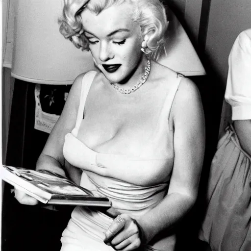 Prompt: an elderly Marilyn Monroe signing autographs on her biography