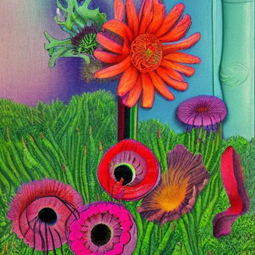 Image similar to neon, overcast balmy by jim woodring. a land art of a group of anemones in a vase