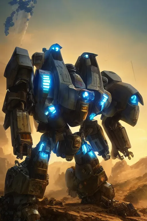 Image similar to mechwarrior 5 : mercenaries mech megaman transformer robot boss tank engine game octane render, 4 k, hd 2 0 2 2 3 d cgi rtx hdr style chrome reflexion glow fanart, global illumination ray tracing hdr fanart arstation by ian pesty by jesper ejsing pixar and disney unreal zbrush central hardmesh