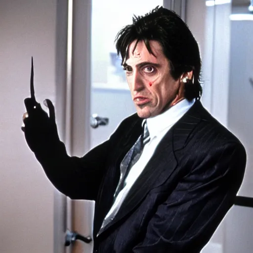 Image similar to Al Pacino as The American Psycho, cinematic still, sweating hard