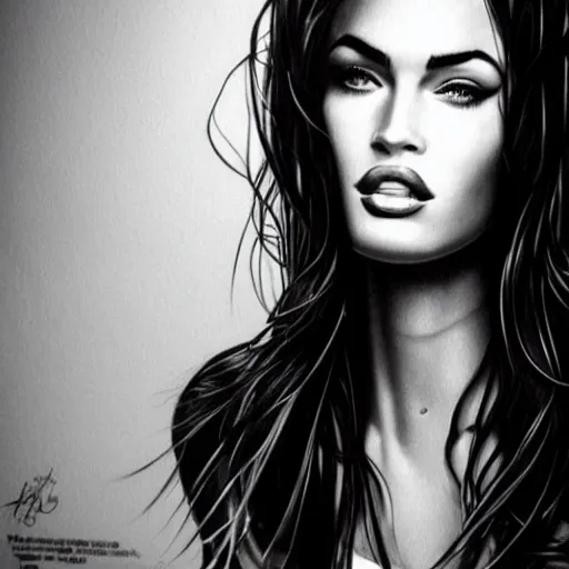 Prompt: megan fox portrait, hyper - realistic black and white drawing, hyper detailed, in the style of den yakovelv