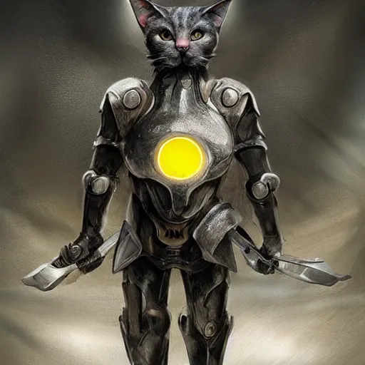 Prompt: humanoid with cat-like features in futuristic armor, yellow eyes, teeth that protrude past the lower lip and fine grayish fur on their faces and backs of their hands and carrying weapons, octane,