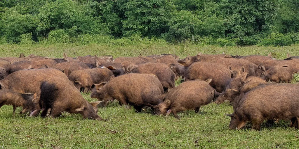 Prompt: a trap camera photo of a big group of wild boars in a field, real, photography