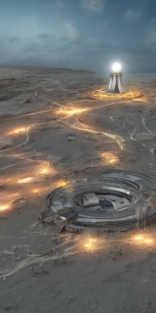 Image similar to concept art, controllable nuclear fusion power station built on the beach, bright lights, starry night, waves beating against the berm, high - tech, 8 k, high detail, octane rendering, unreal engine.