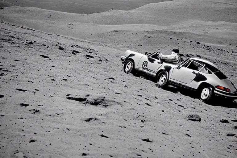 Prompt: vintage photo of a porsche 911 on the moon being driven by an astronaut. apollo moon landing