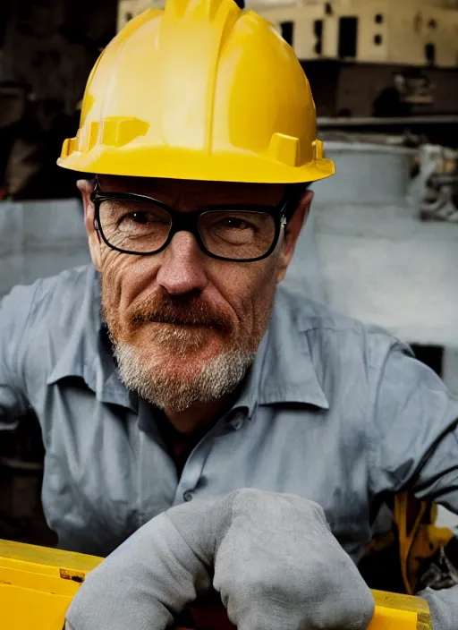 Image similar to closeup portrait of mecha bryan cranston with construction crane spider legs, yellow hardhat, natural light, bloom, detailed face, magazine, press, photo, steve mccurry, david lazar, canon, nikon, focus